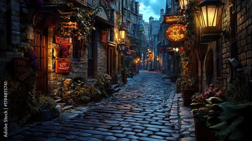 Fototapeta premium Charming Narrow Nighttime Alley with Rustic Lanterns and Cobblestone Path