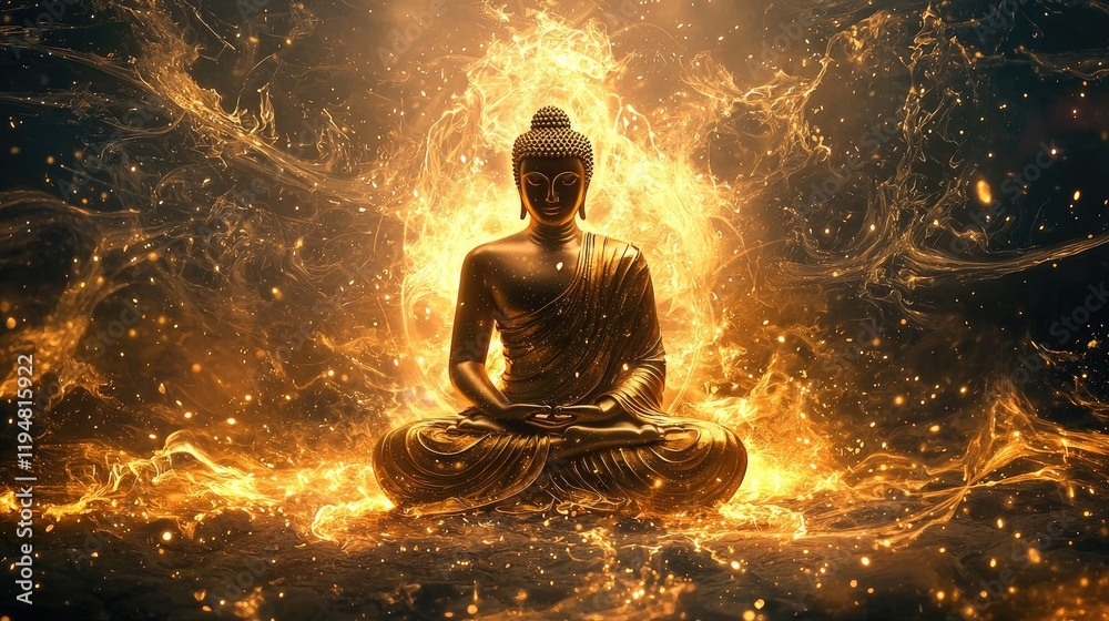 Obraz premium Golden Buddha statue in meditation surrounded by fiery clouds and cosmic elements. Spirituality, tranquility, enlightenment, and divine presence in a mystical setting Generative AI