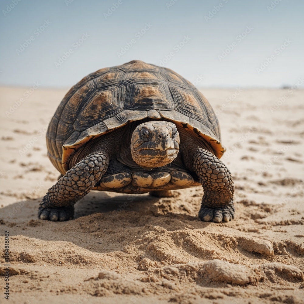 A land tortoise slowly walking on sand, white background.
A land tortoise slowly walking on sand, white background.