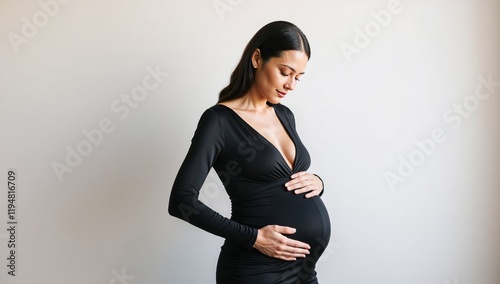 Pregnant woman cradles her belly. Maternity care campaigns, prenatal clinic ads, baby product promotions, and women’s health articles. copy space for text