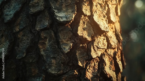 Close-up of rough tree bark texture with natural patterns and earthy tones photo
