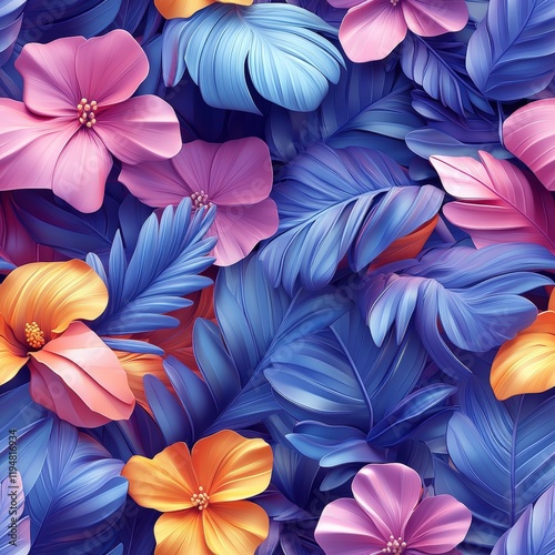 Wallpaper Mural Vibrant 3D Tropical Floral Pattern Design in Pink and Blue with Lush Leaves and Colorful Flowers for Background or Fabric Use Torontodigital.ca