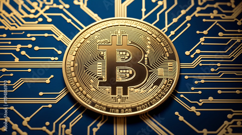 Bitcoin coin,displayed against a dark blue background