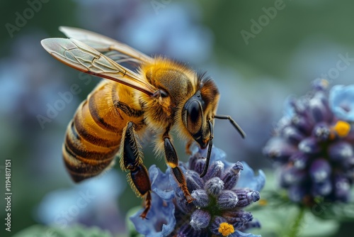 A detailed close-up of a bee, possibly a Western honey bee, on a blue flower, with a blurred background, emphasizing pollination. photo