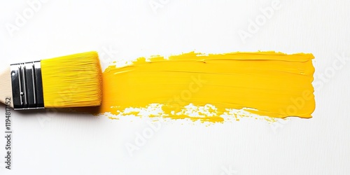 Minimalist flat lay of a yellow paintbrush resting against a bright yellow paint streak on a clean white background highlighting color trends photo