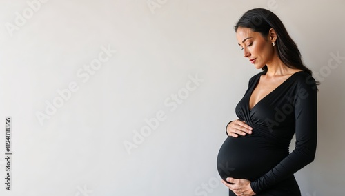 Pregnant woman cradles her belly. Maternity care campaigns, prenatal clinic ads, baby product promotions, and women’s health articles. copy space for text