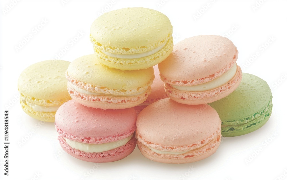 A stack of pastel-colored macarons with vibrant shades of pink, yellow, and green on a white background A stack of pastel-colored macarons with vibrant shades of pink, yellow, and green on a white background