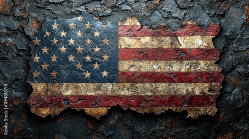 Vintage American Flag on Rusty Metal Background with Textured Surface Showcasing Weathered and Distressed Elements for Grunge Style Aesthetic