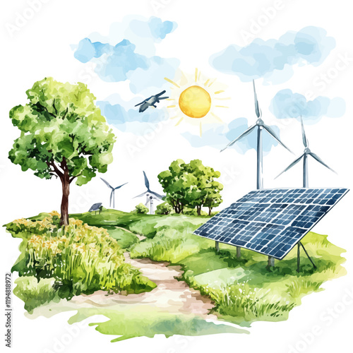 A watercolor of Renewable Energy, isolated on a white background. Renewable Energy vector.
