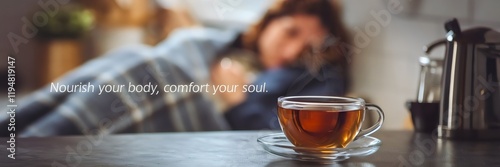 Steaming tea on a kitchen counter with blurred figure and text 