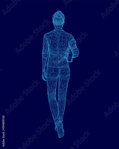 Woman is walking on a blue background. The image is in a 3D format. The woman is wearing a blue dress and has her hands in her pockets