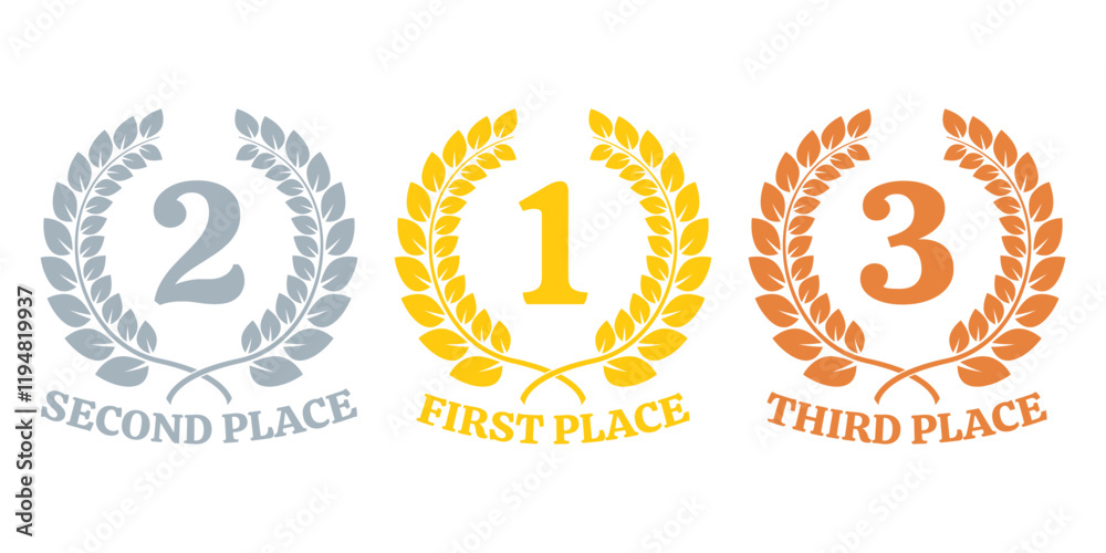 Winner, prize icons with First, Second And Third place. Laurel wreath award set with 1, 2, 3 numbers. Gold, silver and bronze medal concept. Vector illustration. Winner, prize icons with First, Second And Third place. Laurel wreath award set with 1, 2, 3 numbers. Gold, silver and bronze medal concept. Vector illustration.