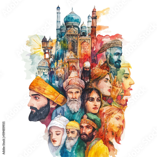 A watercolor of religious beliefs in society, isolated on a white background. Religious beliefs vector.
