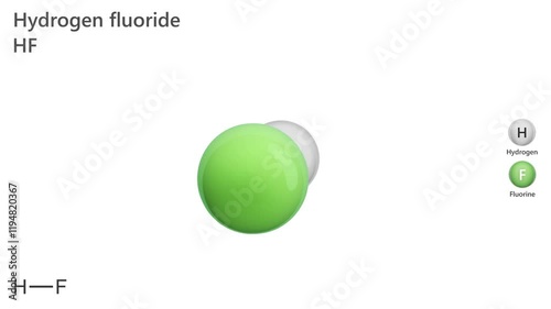 Hydrogen Fluoride. Colorless gas or fuming liquid. Animated 3D model of a molecule. Molecular formula: HF. Chemical model: Ball and sticks. White background. 3D rendering. Seamless loop. photo