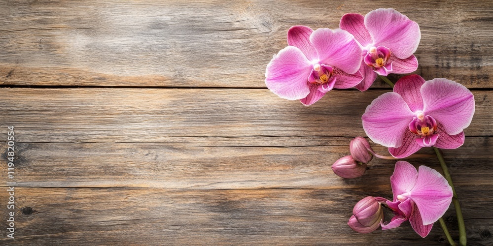 Pink orchid blossoms with vibrant petals and buds positioned on a rustic wooden surface creating a serene and elegant floral composition.