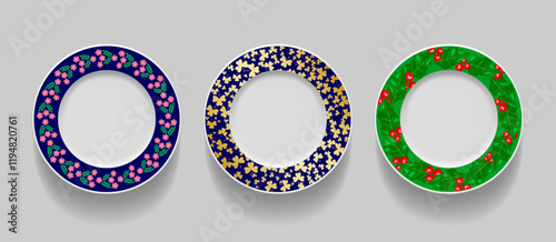 Set of realistic table plates, top view
