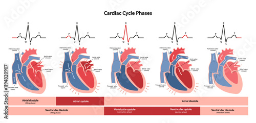 Cardiac Cycle Phases. Diagram of the phases of cardiac cycle with main parts labeled. Circulation of blood through the heart. Vector illustration in flat style