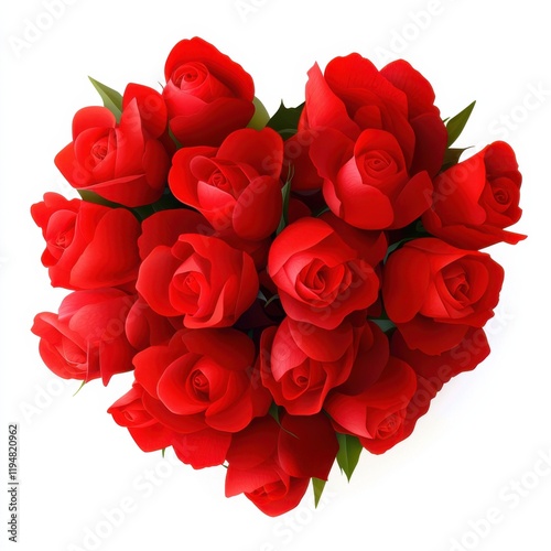 Valentine's day celebration with heart-shaped red roses floral arrangement romantic atmosphere close-up view love symbol, isolated on white background