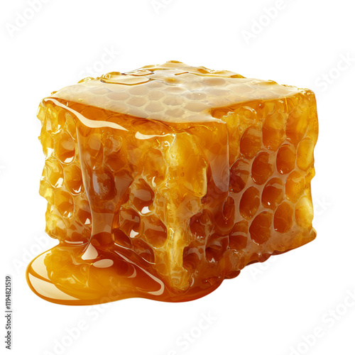 Sweet Natural Honeycomb with Dripping Honey Isolated on transparent background