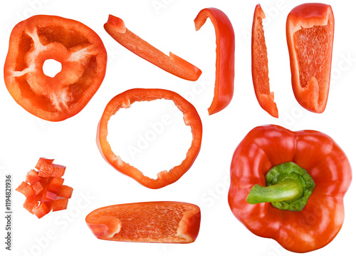 Set red bell pepper sweet and cut in half, into slices and cubes isolated on a transparent background. Completely in focus. Focus stacking. Top view.