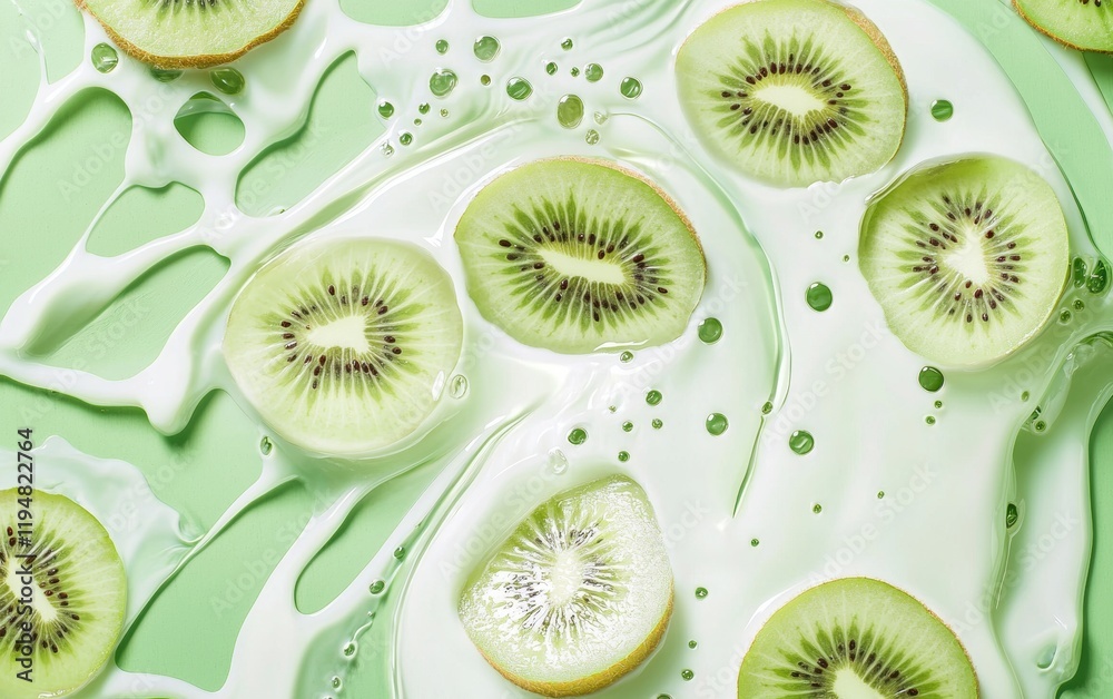 Fototapeta premium A swirl of milk with floating kiwi slices, captured dynamically on a pastel mint green background