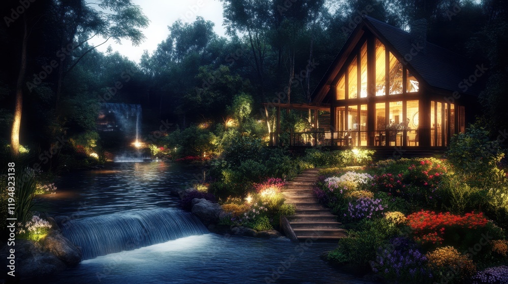 Obraz premium A cozy wooden house with large windows by a serene river, surrounded by lush greenery and colorful wildflowers.