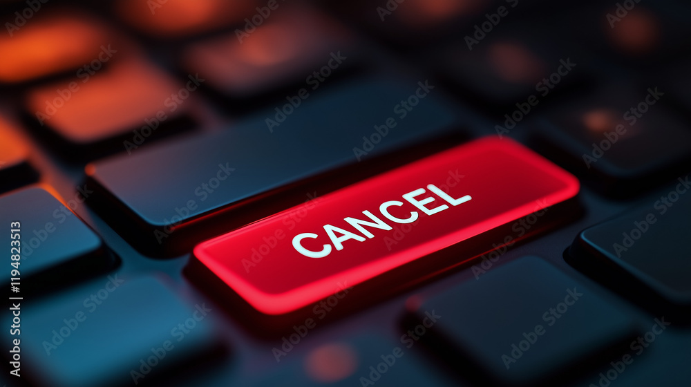 Close-up view of conceptual black notebook keyboard with a red button that says cancel, Concept of cancel culture social media and internet, AI generated Close-up view of conceptual black notebook keyboard with a red button that says cancel, Concept of cancel culture social media and internet, AI generated