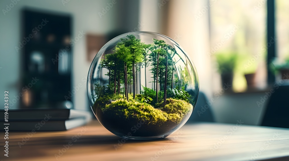 Tiny forest ecosystem contained in clear glass orb on wooden table with natural light Tiny forest ecosystem contained in clear glass orb on wooden table with natural light