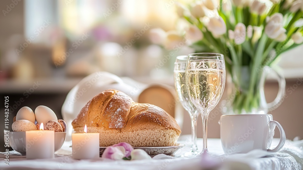 Naklejka premium Easter breakfast table setting with bread, eggs, tulips, and champagne.