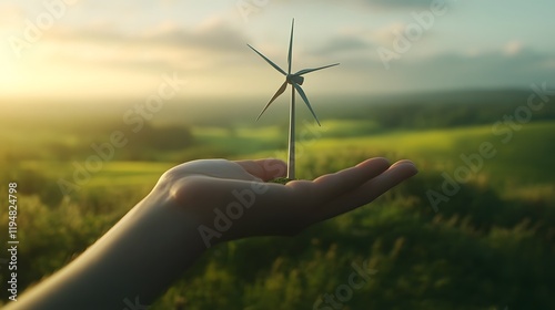 Human hand holds a miniature wind turbine against a scenic sunset landscape