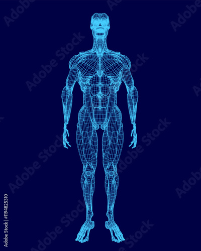 Blue image of a human body with a skeleton on the side. The body is in a 3D form and he is a computer generated image. Scene is futuristic and somewhat eerie
