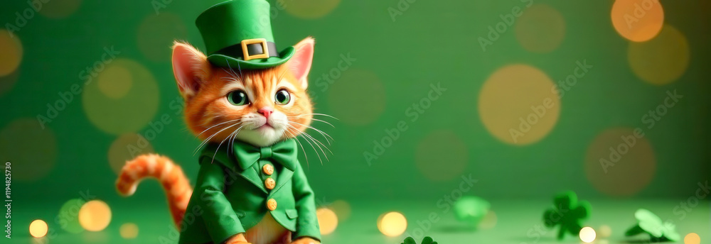 Fototapeta premium St. Patrick's Day postcard banner. a little red kitten in a hat and a leprechaun costume on a green background.