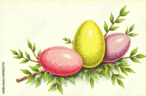 Vintage illustration of pastel Easter eggs and willow branches with the inscription Happy Easter. Vintage color palette, very detailed, high resolution