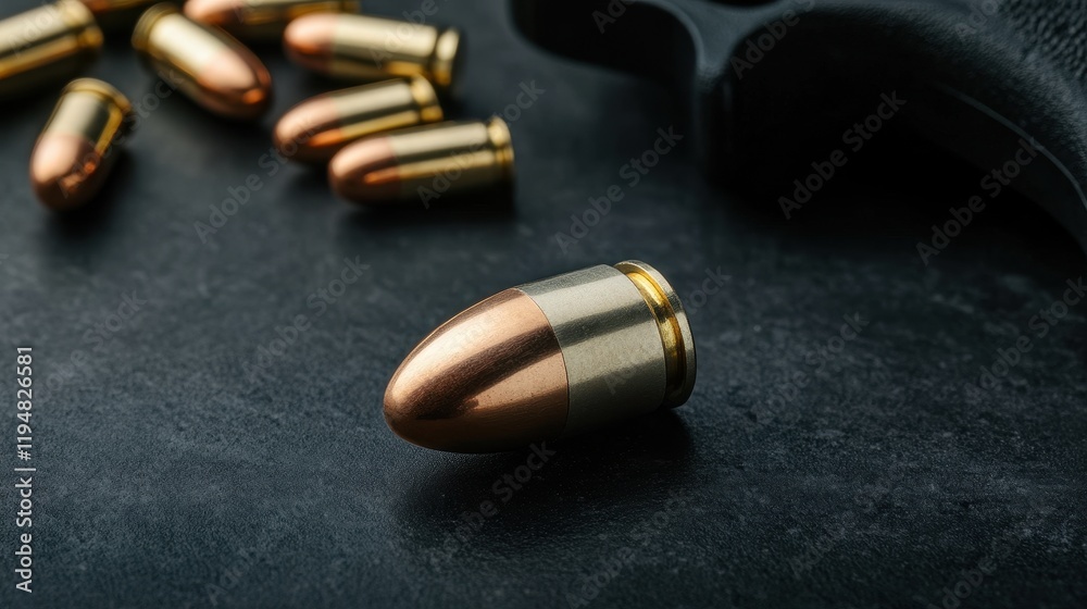 Close up of a Bullet on a Dark Surface with Handgun in Background Close up of a Bullet on a Dark Surface with Handgun in Background
