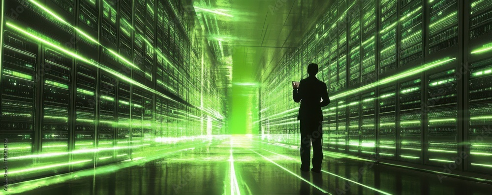 An IT professional managing servers in a state-of-the-art data center, with glowing racks of equipment, 4k photo.** An IT professional managing servers in a state-of-the-art data center, with glowing racks of equipment, 4k photo.**