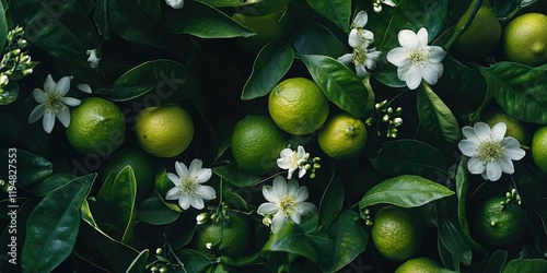 Vibrant green leaves surround limes and white flowers arranged artistically with copy space for text in a natural composition of Citrus aurantiifolia. photo