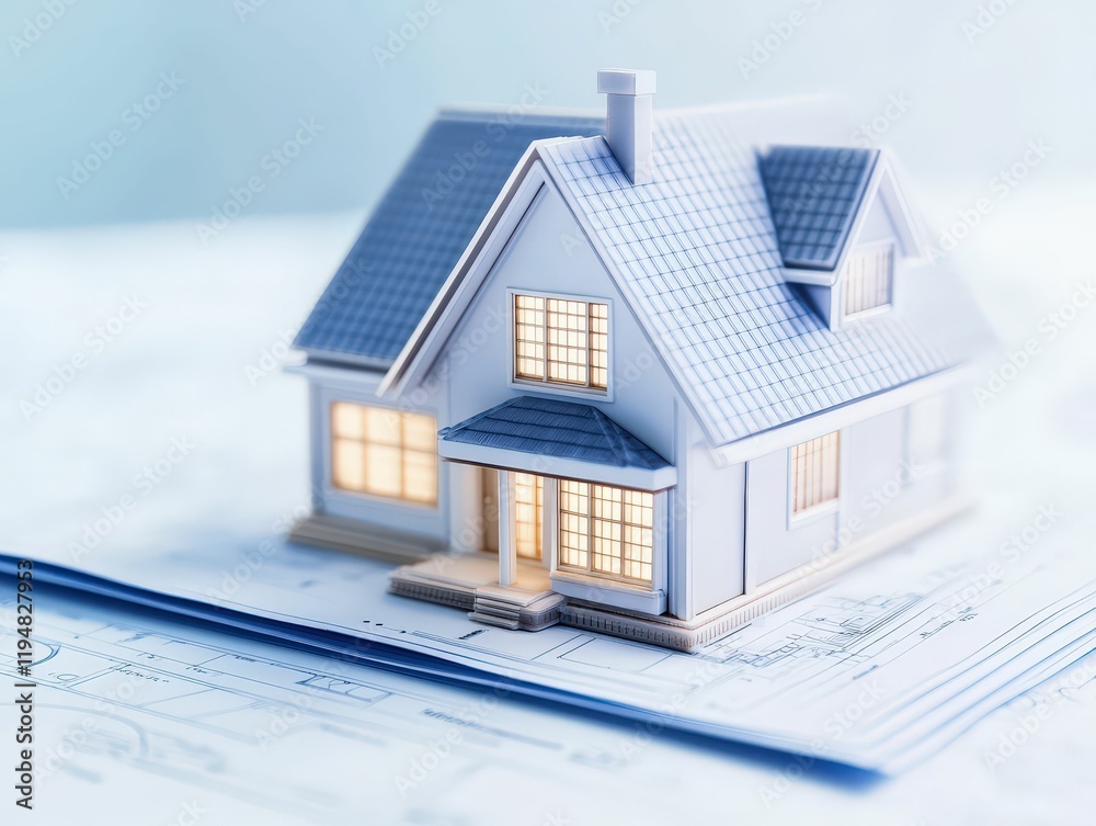 Architectural model on loan documents showcasing intricate house plan in modern workspace Architectural model on loan documents showcasing intricate house plan in modern workspace