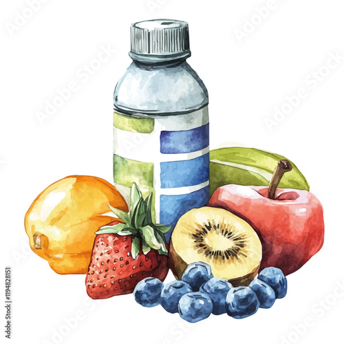 A watercolor of pre-workout nutrition essentials, isolated on a white background. Pre-workout vector.
