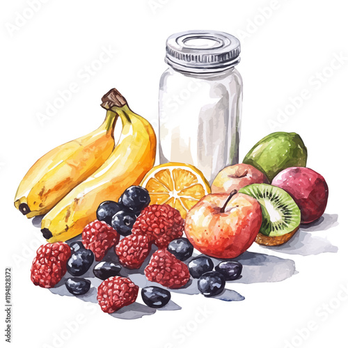 A watercolor of pre-workout nutrition essentials, isolated on a white background. Pre-workout vector.
