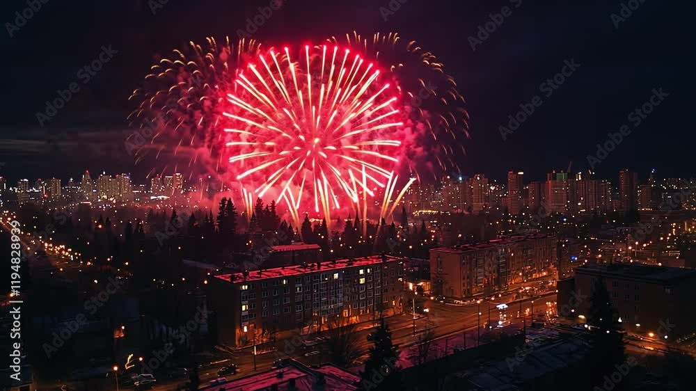 Night Sky Celebration: A vibrant red fireworks display bursts above a cityscape, illuminating the night sky with dazzling pyrotechnics. The urban panorama shines below.