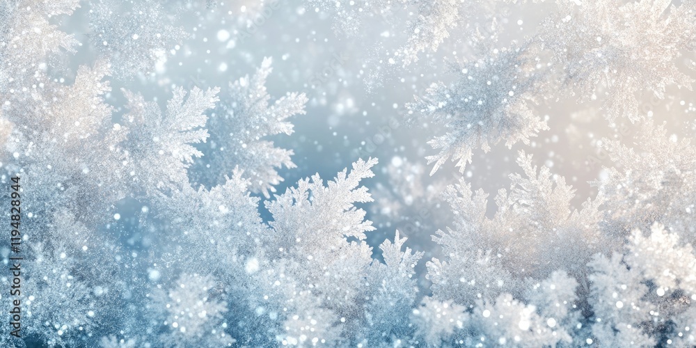 Fototapeta premium Winter background showcasing white snowflakes on a soft blue gradient with a frosty atmosphere and shimmering ice crystals in the foreground