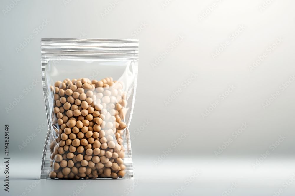 Clear packaging filled with dry soybeans isolated on light background. Clear packaging filled with dry soybeans isolated on light background.