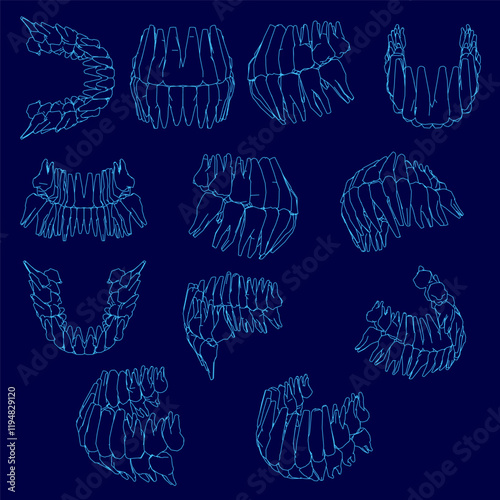 Series of blue drawings of teeth, each one slightly different from the next. The drawings are all in black and white, and they all have a somewhat eerie or unsettling feeling to them