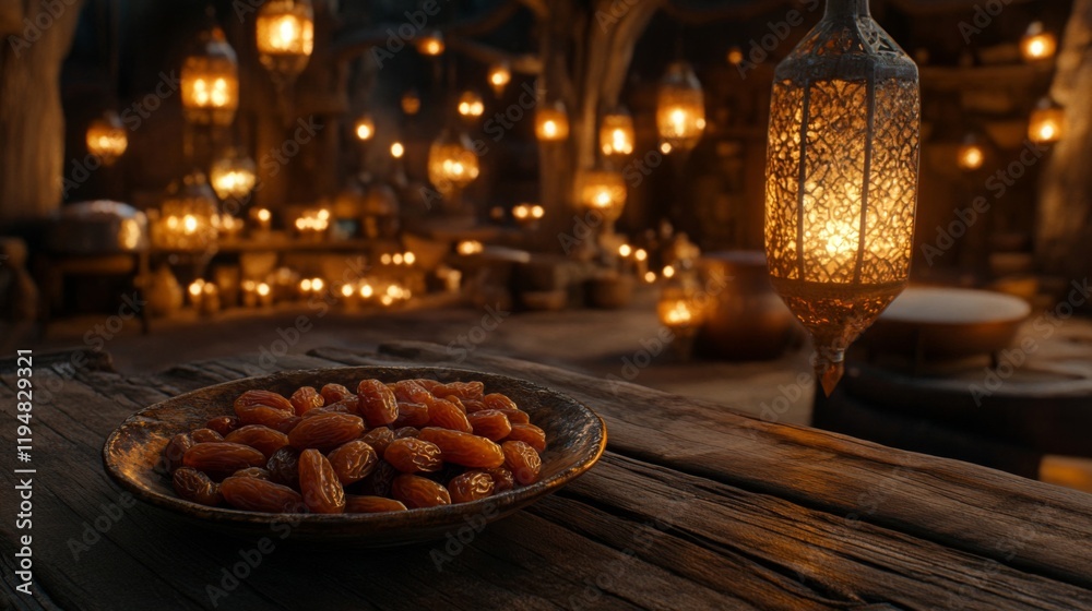 Obraz premium Dates and lanterns in an ancient mystical setting