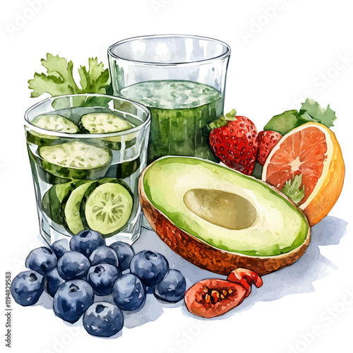 A watercolor of a protein shake and fruits, isolated on a white background. Post-workout nutrition vector.
