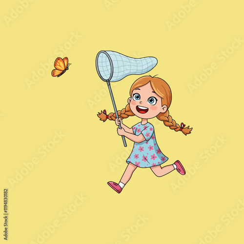 A cheerful girl with pigtails runs excitedly, chasing a butterfly with a net in a sunny outdoor setting.