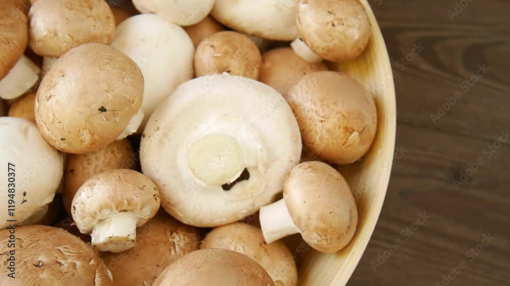 Champignon mushrooms in a wooden bowl. Champignon mushrooms in a wooden bowl.