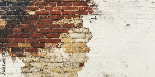 Weathered redbrown and cream brick wall with cracks and halfpainted white, creating a textured background with ample copyspace on the right photo