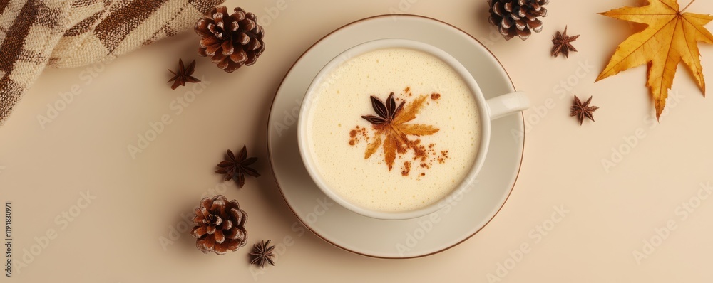 Autumn inspiration concept. Top view photo of cup of frothy hot drinking on saucer anise yellow maple leaves plaid and pine cone on isolated beige background with copyspace Autumn inspiration concept. Top view photo of cup of frothy hot drinking on saucer anise yellow maple leaves plaid and pine cone on isolated beige background with copyspace