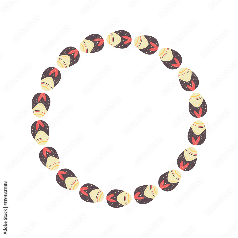 Obraz premium Easter egg round frame design. Easter holiday egg hunt border in colorful flat style with ornaments. Modern wreath. Stock illustration card